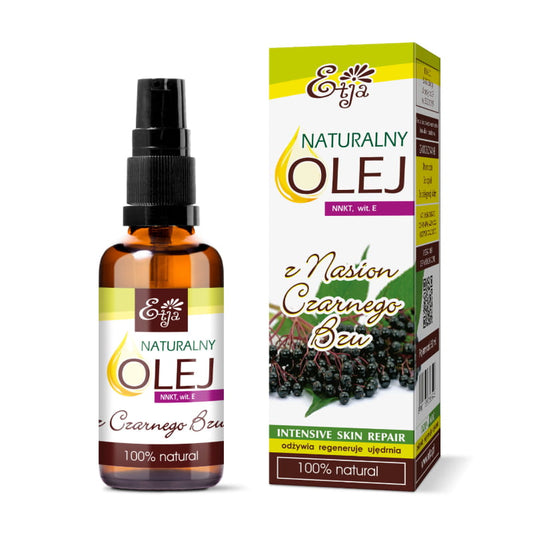 Dunkles Fläschchen mit Holunderöl von ETJA, 50 ml, in dunkler Glasflasche, ideal für Haut- und Haarpflege