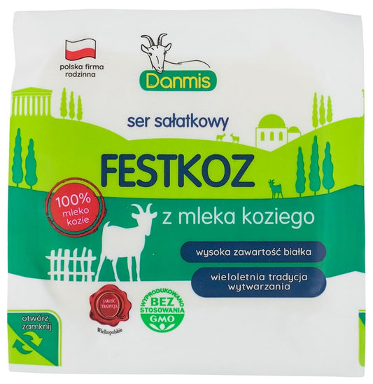 Ziegenmilch-Salatkäse von DANMIS, 120 g, cremig und frisch, in einer weißen Käsepackung auf einem Holztisch.