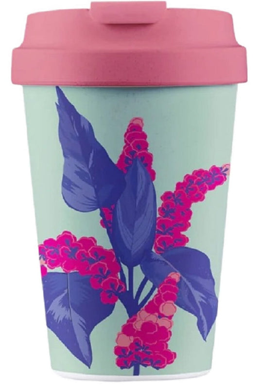 Kunststoff-Reisebecher PLA HIACYNT von CHIC-MIC, 350 ml, in hellblau mit Henkel und transparentem Deckel.