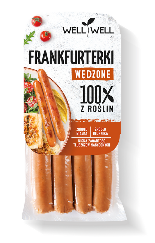 Vegetarische Frankfurter Roast Craft von WELL WELL in 180 g Packung, mit goldbraunem, geräuchertem Aussehen auf weißem Hintergrund