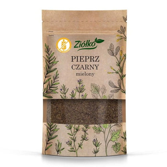 Gemahlener schwarzer Pfeffer von ZIÓŁKO, glutenfrei, 60 g, in einer transparenten Gewürzdose mit schwarzem Pfeffer.