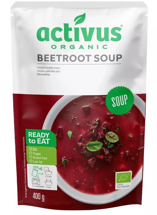 Rote Borschtschsuppe BIO von ACTIVUS in 400 g Packung, frisch und gesund, mit lebhafter roter Farbe und sichtbaren Gemüsestücken