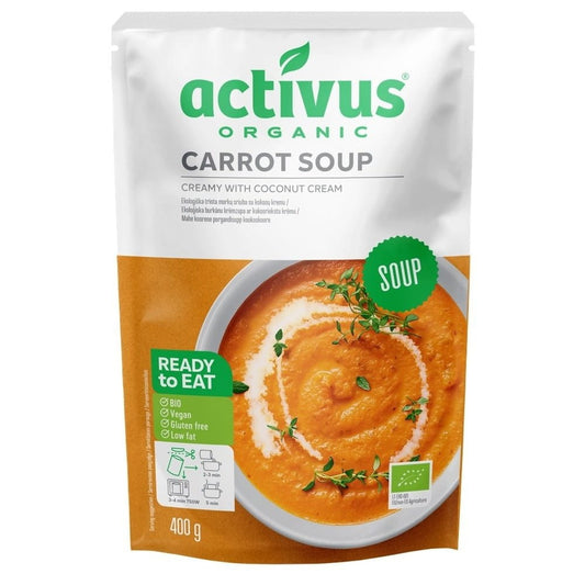 Karottencremesuppe mit Kokosnussmilch von ACTIVUS, cremige Bio-Suppe in 400 g Verpackung, frisch und aromatisch.