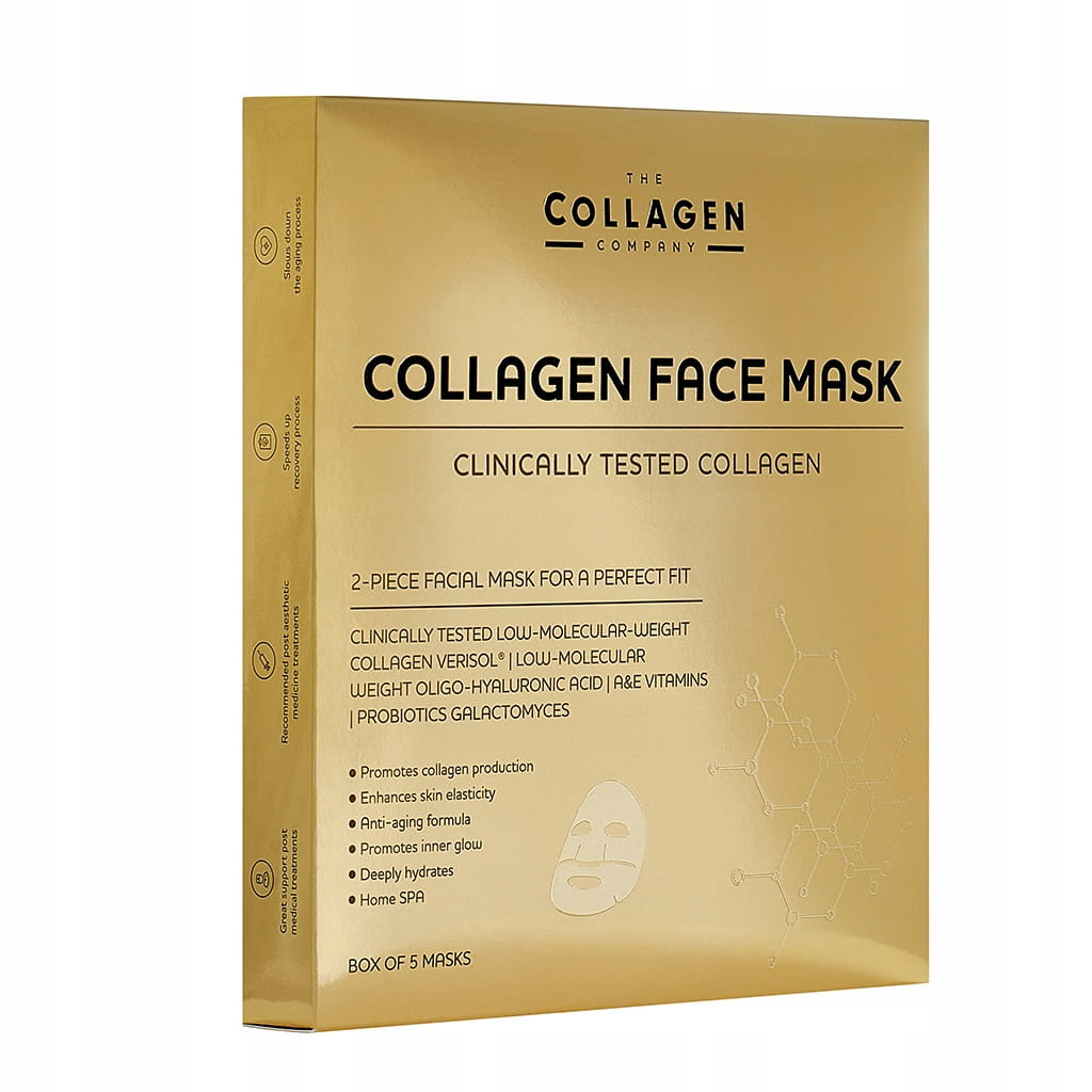 Hautpflegende Kollagen-Gesichtsmasken von The Collagen Company, 5 Stück, für strahlende Haut, auf einem weißen Hintergrund.