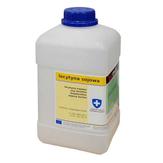 Bio-Sojalecithin 1kg von BIOMUS in Pulverform, zeigt die Verpackung und das Produkt in einer transparenten Verpackung.
