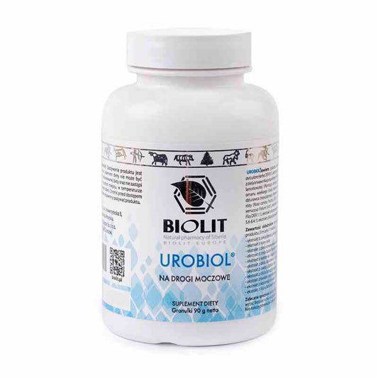 Biolite Urobiol Granulat in 90 g Packung, biologisches Hundepflegeprodukt mit natürlicher Wirkung, sichtbar in der Verpackung