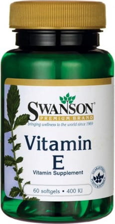 Vitamin E 400 IU Kapseln von SWANSON HEALTH PRODUCTS, offene Verpackung mit 60 Kapseln, antioxidative Nahrungsergänzung