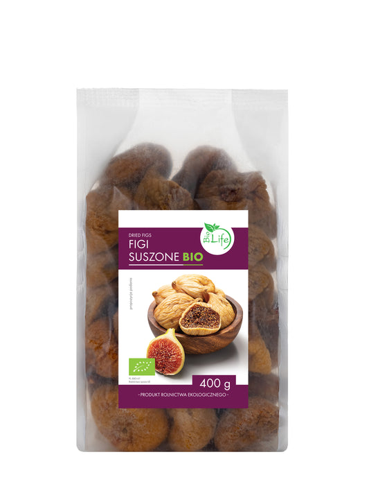 Bio Feigen, 400g, EKO BIO LIFE, frische getrocknete Feigen auf einem weißen Hintergrund