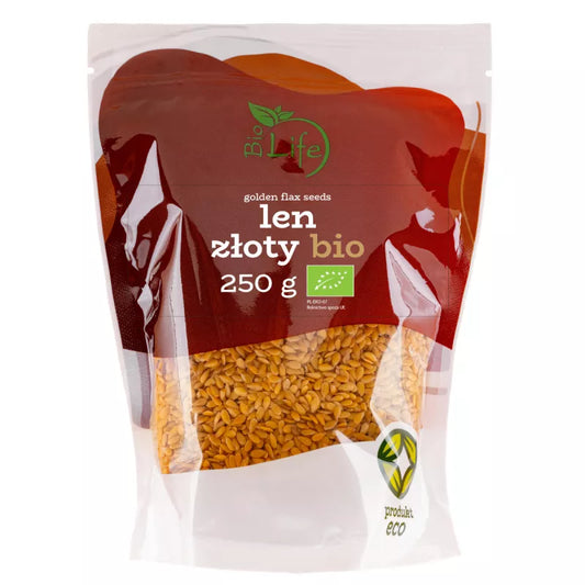 Goldener Flachs, 250g, BIO LIFE EKO BIO, leere Verpackung mit goldenen Leinsamen, gesunde Bio-Körner in einer transparenten Schale