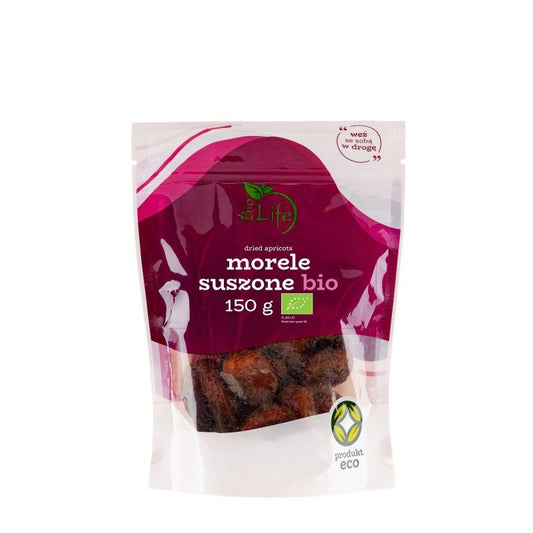 Bio Aprikosen in 150g Verpackung von BIO LIFE, frische und saftige getrocknete Aprikosen auf einem weißen Hintergrund