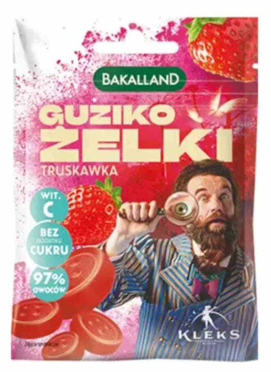 Bakalland Kleks Erdbeer-Gelee-Bohnen in 34 g Packung, fruchtige Erdbeer-Gelee-Bohnen mit bunten Farben, auf weißem Hintergrund