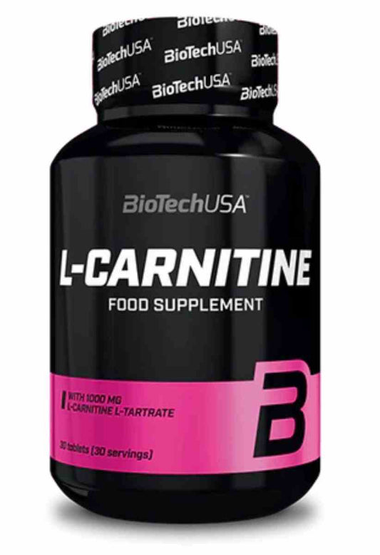 L-Carnitin Tabletten von BioTech USA, 30 Stück, für Energie und Fettverbrennung, auf weißem Hintergrund.