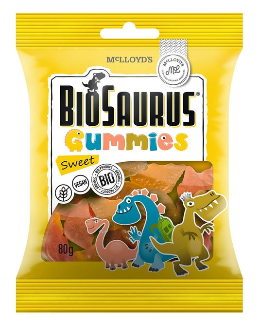 Bunte Bio-Jellybeans von Gfree, 80 g, in einer transparenten Verpackung, mit bunten Süßigkeiten sichtbar auf der Verpackung