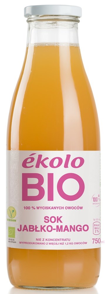 Bio Apfel-Mango-Saft in 750 ml Flasche von Biogo.de, frischer Fruchtsaft mit Äpfeln und Mangos, transparentes Flaschenbild