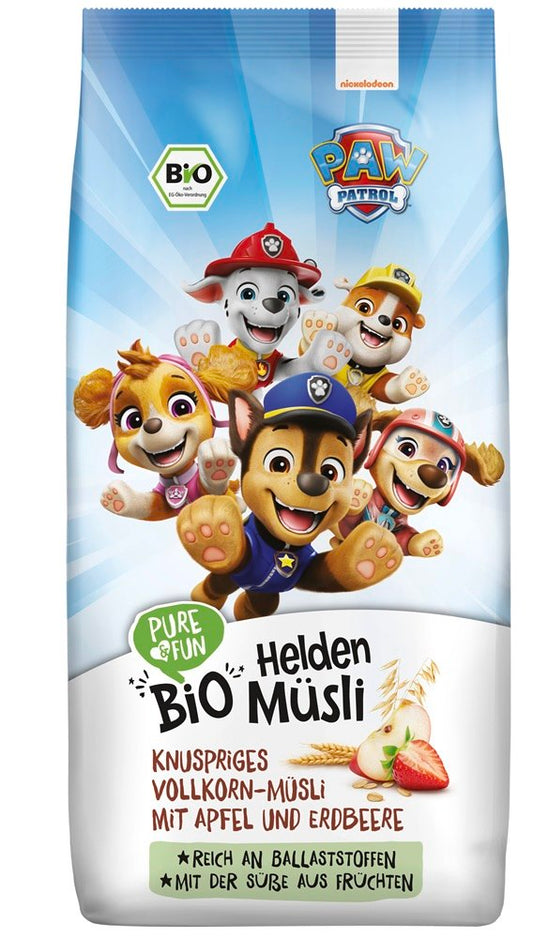 Vollkorn-Apfel-Erdbeer-Müsli BIO von Psi Patrol PURE & FUN, 375 g, mit frischen Früchten und Vollkorngetreide in einer Schüssel