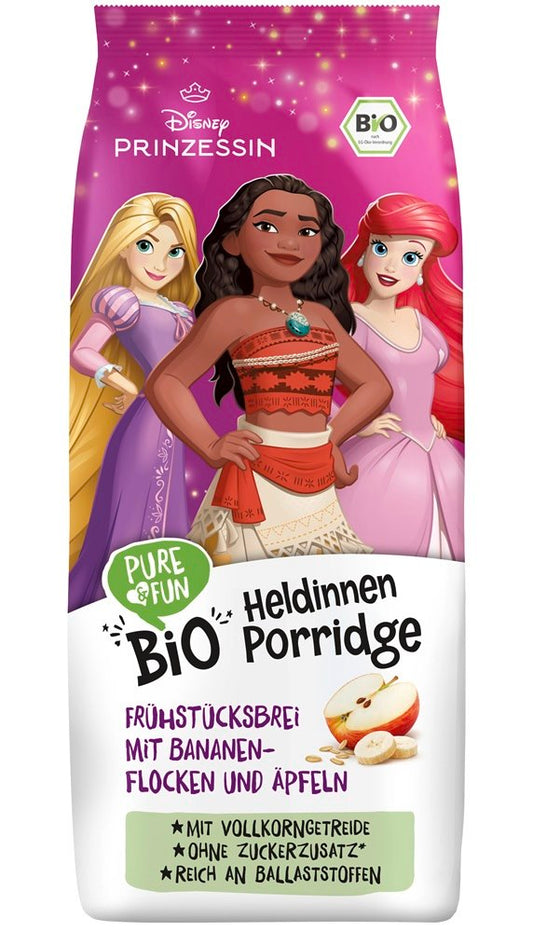 Bio Apfel-Bananen-Haferflocken mit Disney Prinzessinnen, 375 g, von Biogo.de, in einer bunten Verpackung mit Prinzessinnen-Motiv.