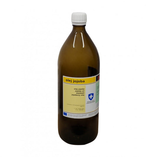 Natürliches, unraffiniertes Jojobaöl von BIOMUS in 1-Liter-Flasche, flüssig und goldgelb, ideal für Haut und Haarpflege.
