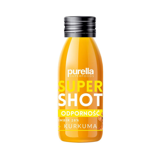 SuperShot Immunität mit Ingwer und Kurkuma von Purella, 100 ml Flasche, zeigt die Inhaltsstoffe und das Fläschchen auf dem Bild.