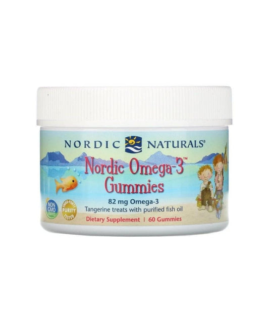Bunte Nordic Omega-3 Gummibärchen von Nordic Naturals, 60 Geleebonbons, Fruchtig und gesund, auf weißem Hintergrund.