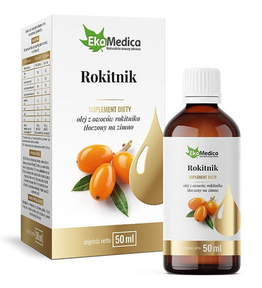 Sanddornöl in 50 ml Flasche von EKAMEDICA, dunkelbraune Glasflasche mit Etikett, naturbelassenes Pflegeöl.