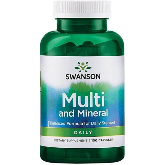 Mehrere Mineral- und Multivitaminkapseln in einer weißen Flasche von Swanson Health Products, 100 Kapseln.