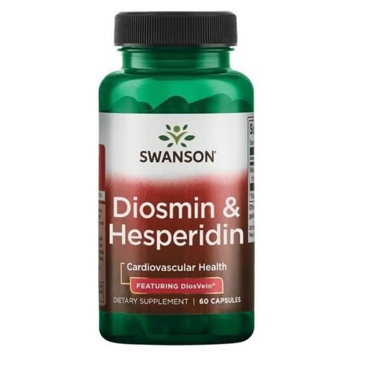 Diosmin und Hesperidin Kapseln von Swanson Health Products, 60 Stück, Nahaufnahme der Verpackung und Kapseln.
