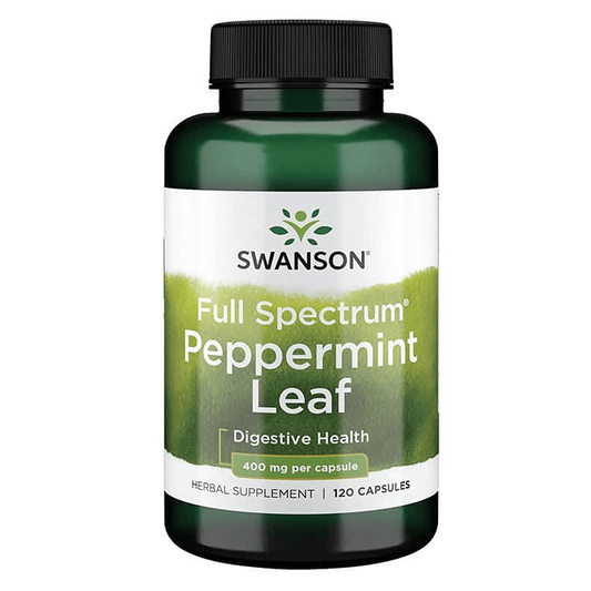 Vollspektrum Pfefferminzblatt in 120 Kapseln, von Swanson Health Products, zeigt die grünen Kapseln vor weißem Hintergrund.