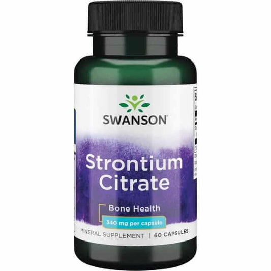 Strontiumzitrat Kapseln von Swanson Health Products, 60 Stück, Nahaufnahme der weißen Kapseln in einer Packung.