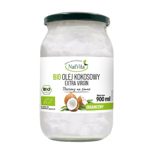 Kokosnussöl Extra Vergine von NATVITA in 900ml Flasche, kaltgepresst, naturbelassen, ideal für Kochen und Hautpflege