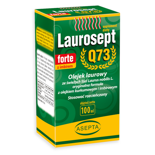ASEPTA Laurosept FORTE Q73 100ml mit Lorbeeröl, Kurkuma- und Ingweröl, Flasche auf weißem Hintergrund