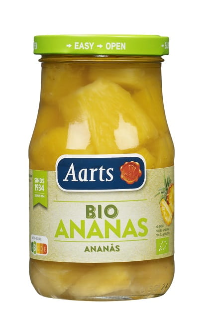 Bio Ananas-Bündel in leichter Sirupdose, AARTS, 350 g, sichtbar in der Dose mit Ananasstücken und Sirupfüllung