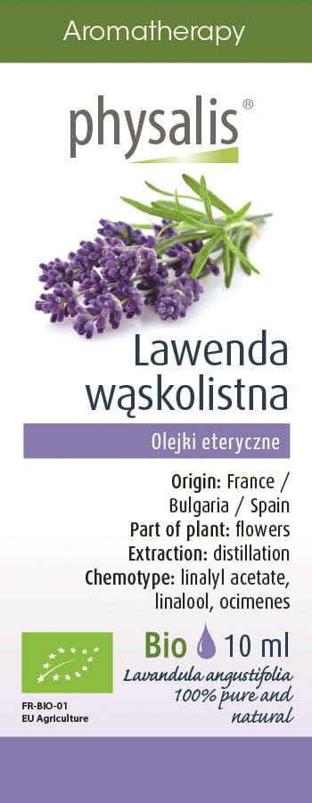 Ätherisches Lavendelöl von Physalis in 10 ml Flasche, echtes Bio-Lavendelöl mit Lavendelfeld im Hintergrund