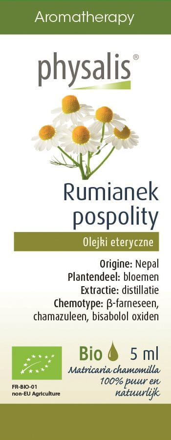 Ewigstes Öl der Pospolitischen Romanik mit echter Kamille, biologisch, 5 ml Flasche von Physalis auf weißem Hintergrund