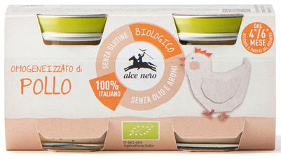 Vier Monate alte, glukosefreie HühnercremeBIO von ALCE NERO in 2x80g Packungen, cremige Textur, frische Bio-Hühnercreme.