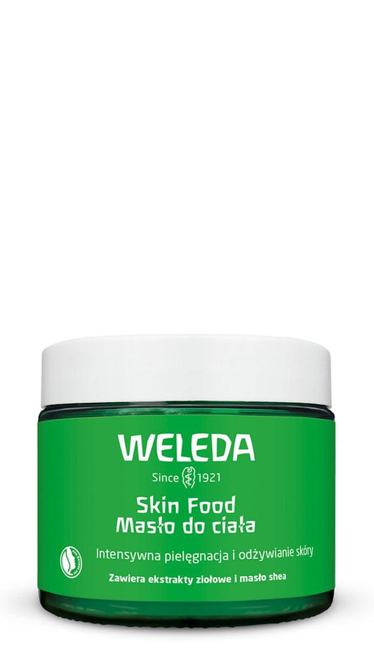 Weleda ECO Body Butter 150 ml, cremige Feuchtigkeitscreme für trockene Haut, in einem weißen Tiegel.