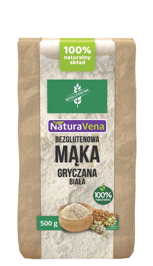 Weißes Grandrad ohne Gluten von NaturaVena, 500 g, zeigt das Verpackungsdesign und das Produkt in einer Schüssel auf weißem Hintergrund.