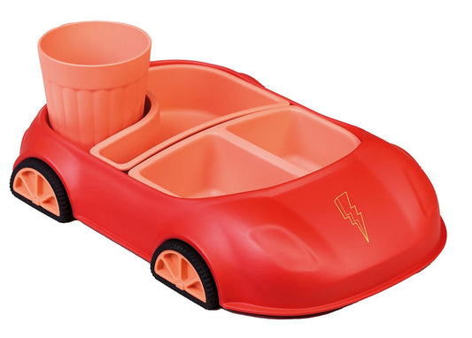 Rotes Kinder-Geschirr-Set von CHIC-MIC, geeignet für Autos, mit Teller, Becher und Besteck für Kinder.