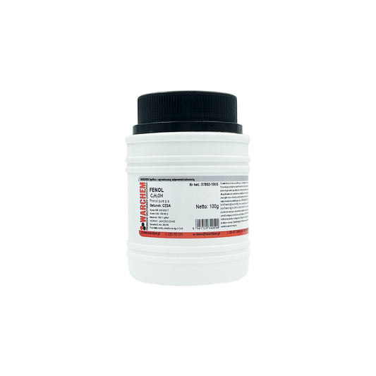 Reines Phenol in 100g Verpackung von WARCHEM, chemische Substanz mit klarer, farbloser Flüssigkeit und charakteristischem Geruch