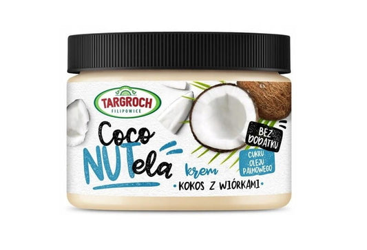 Kokosnusscreme mit Raspeln von TAR-GROCH-FIL in PET-Glas, 300 g, mit Kokosraspeln sichtbar, cremige Konsistenz