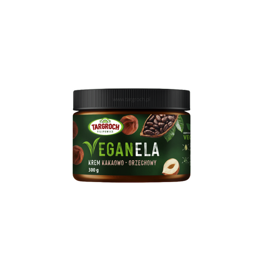 Vegane VEGANELA Creme mit Haselnüssen und Kakao in 300 g PET-Glas von TAR-GROCH-FIL, cremige Nuss-Nougat-Füllung.