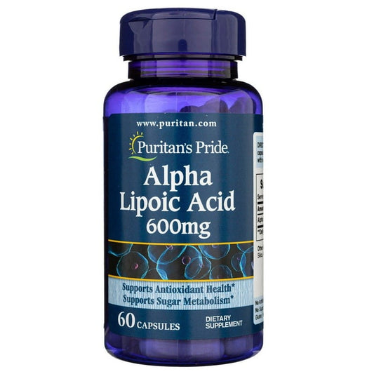 Puritan's Pride Alpha-Liponsäure (ALA) 600 mg, 60 Kapseln, Nahrungsergänzungsmittel, close-up der Kapseln in Packung