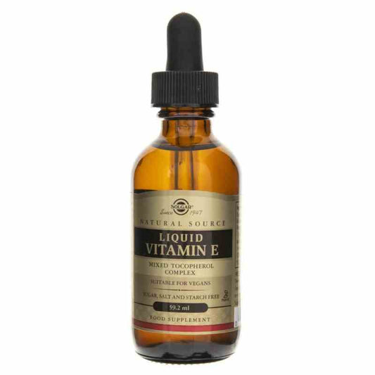 Solgar Vitamin E flüssig in 59,2 ml Flasche, braune Verpackung mit Tropfenzähler, naturbelassenes Vitamin E Produkt