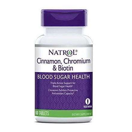 Natrol Zimt, Chrom und Biotin Tabletten in einer offenen Packung, Nahaufnahme der Nahrungsergänzungsmittel.