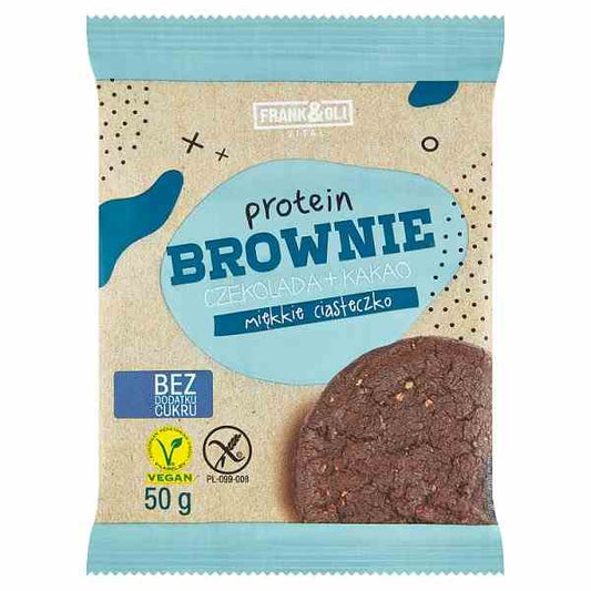 Frank&Oli Protein-Brownie-Kuchen ohne Zuckerzusatz, 50g, nahes Bild des schokoladigen, proteinreichen Brownies ohne Zucker.