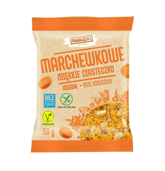 Frank&Oli Soft Karottenkuchen mit Kokosnussmark und Rosinen, 50g, zeigt den weichen Snack mit Karotten, Kokos und Rosinen.