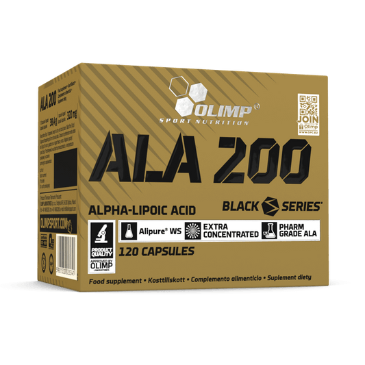 Olimp ALA 200 Kapseln, braune Gelkapseln in einer offenen Packung, Nahrungsergänzungsmittel mit Alpha-Liponsäure.
