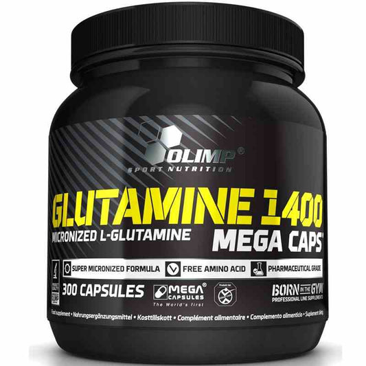 Olimp Glutamin 1400 Mega Caps, 300 Kapseln, Nahaufnahme der schwarzen Kapseln in einer Packung