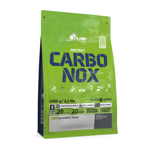Olimp Carbonox 1kg Orangengeschmack, Nahrungsergänzungsmittel mit Orangenaroma, zeigt die Verpackung und Produktbeschreibung auf der Verpackung