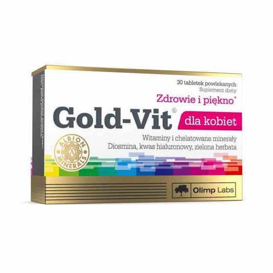 Olimp Gold Vitamine für Frauen, 30 Tabletten, zeigt die Packung mit 30 Tabletten und einem frischen, natürlichen Design.