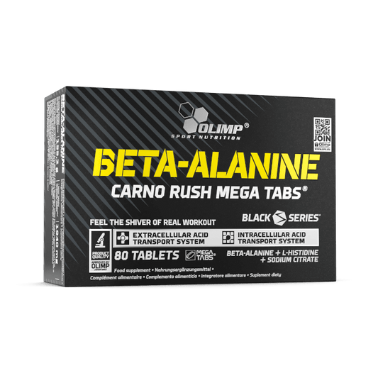 Olimp Beta Alanin Carno Rush Tabletten, 80 Stück, Nahaufnahme der Verpackung und Tabletten